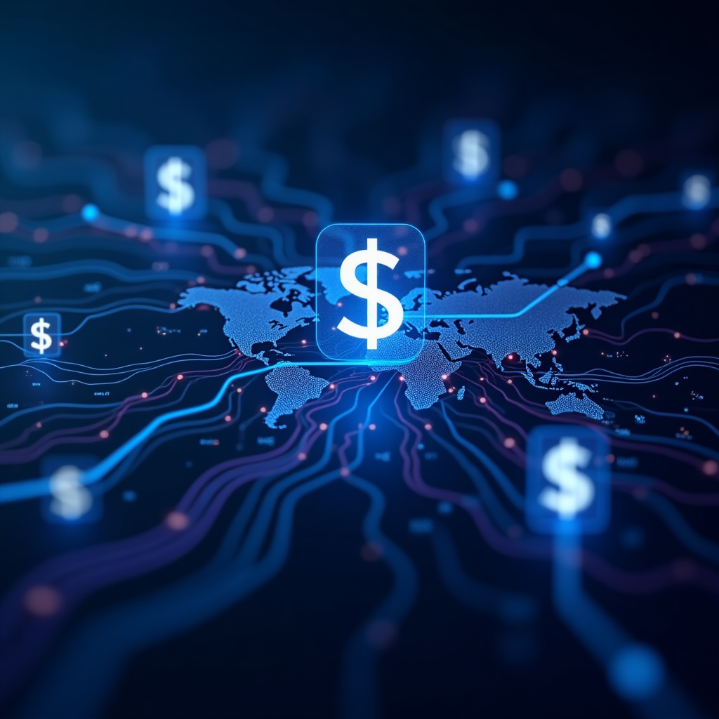 Representación de la economía digital con elementos tecnológicos y financieros integrados en un entorno moderno