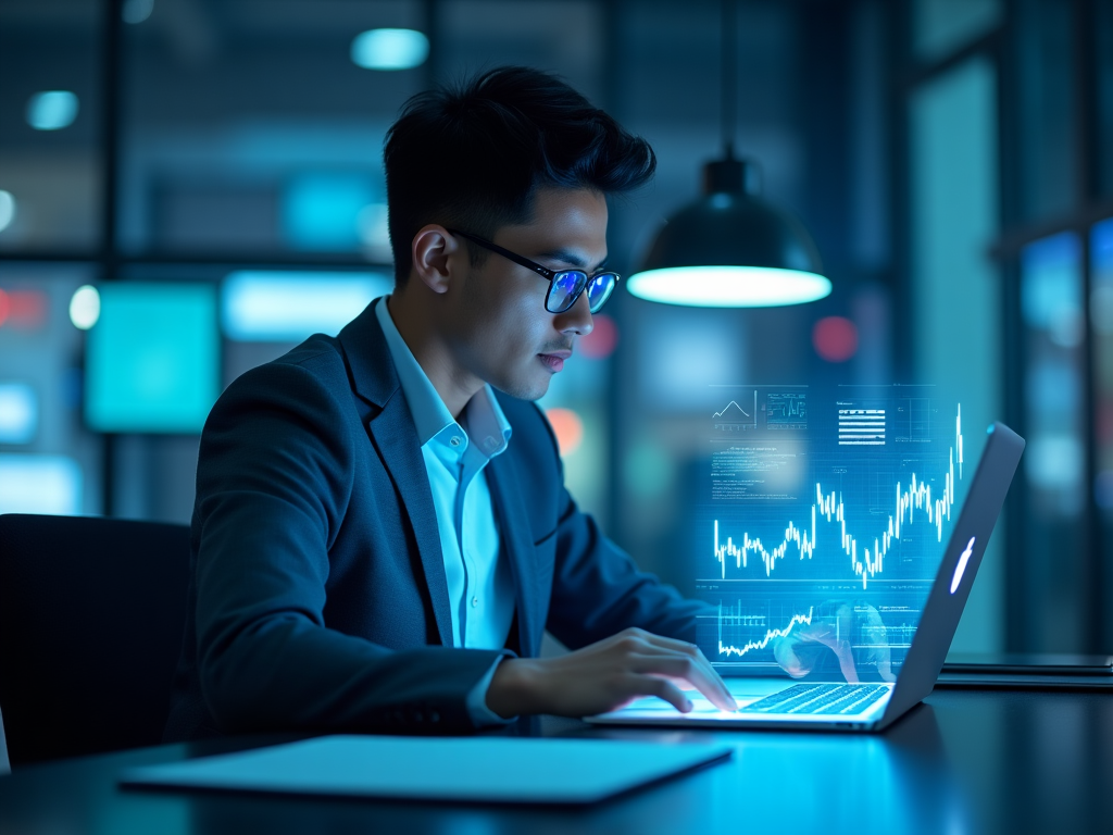 Concepto de educación financiera con una persona estudiando rodeada de elementos visuales que representan el crecimiento y aprendizaje