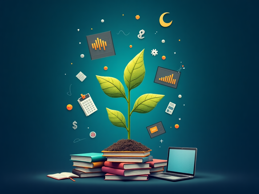 Concepto de crecimiento del conocimiento financiero representado por libros, plantas y elementos tecnológicos