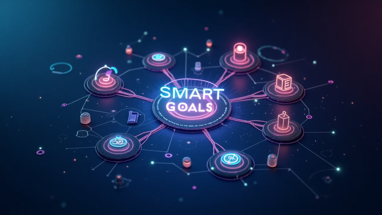 Visualización de objetivos SMART con elementos gráficos que representan metas específicas, medibles, alcanzables, relevantes y con límite de tiempo